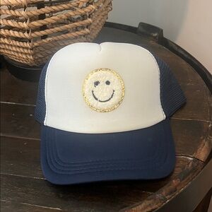 Navy and White Trucker Hat with Smiley Face